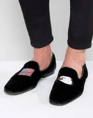ASOS Loafers in Black Velvet With Flag and Eagle Embroidery