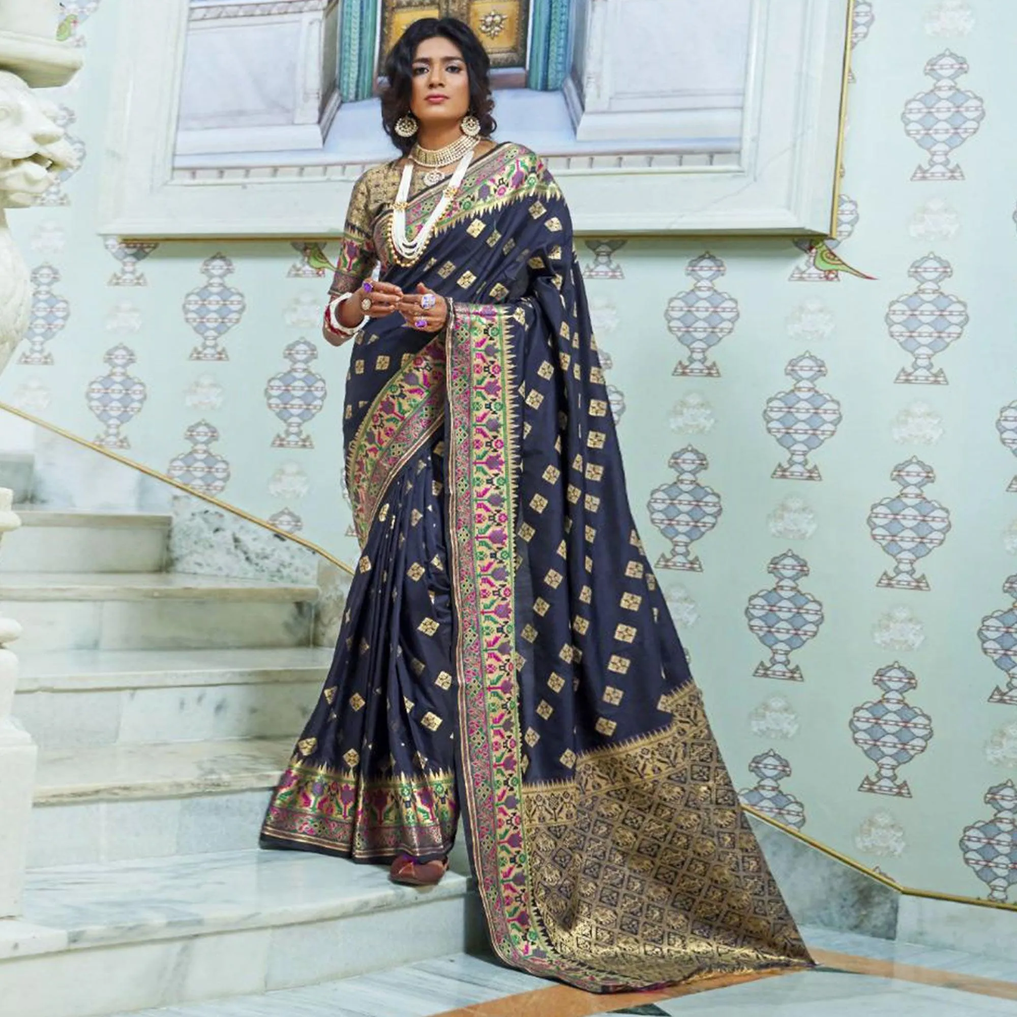 Attractive Blue Colored Festive Wear Woven Silk Saree