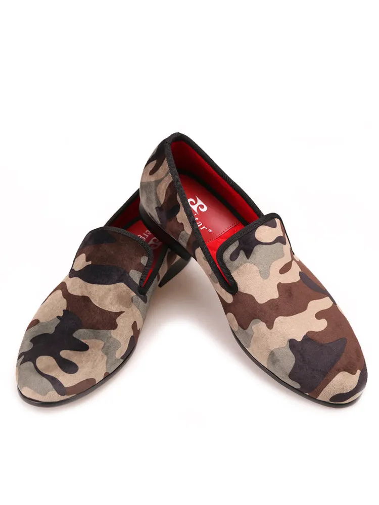 Autumn and winter new men's two-color camouflage velvet handmade loafers European and American trendy banquet slip-on smoking shoes