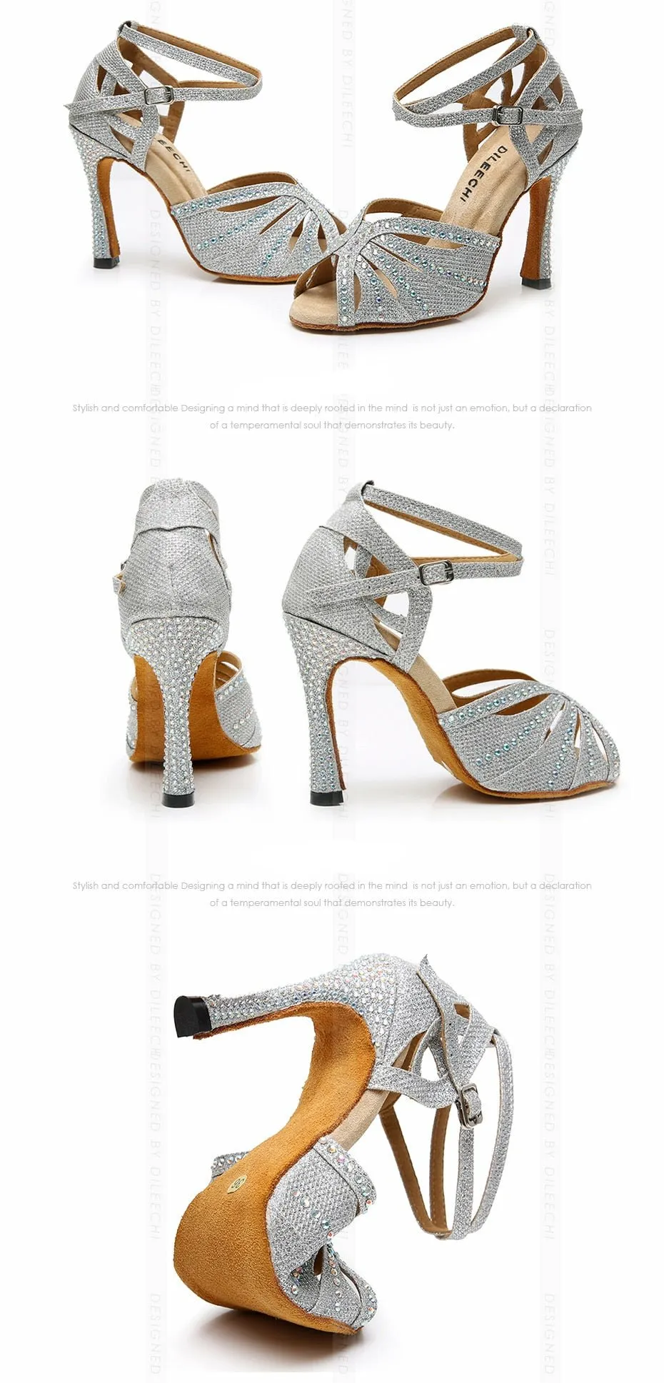 #B0099 Silver Glitter Rhinestone Latin Dance Shoes Women Salsa Ballroom Shoes