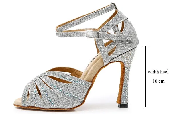 #B0099 Silver Glitter Rhinestone Latin Dance Shoes Women Salsa Ballroom Shoes