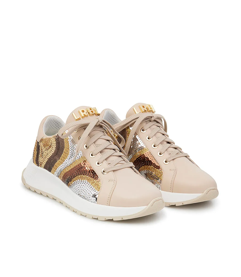 Beige nappa leather sneakers with sequins