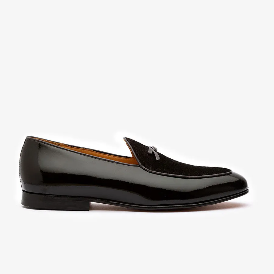 Black Patent Bowtie Loafers with Velvet Vamp