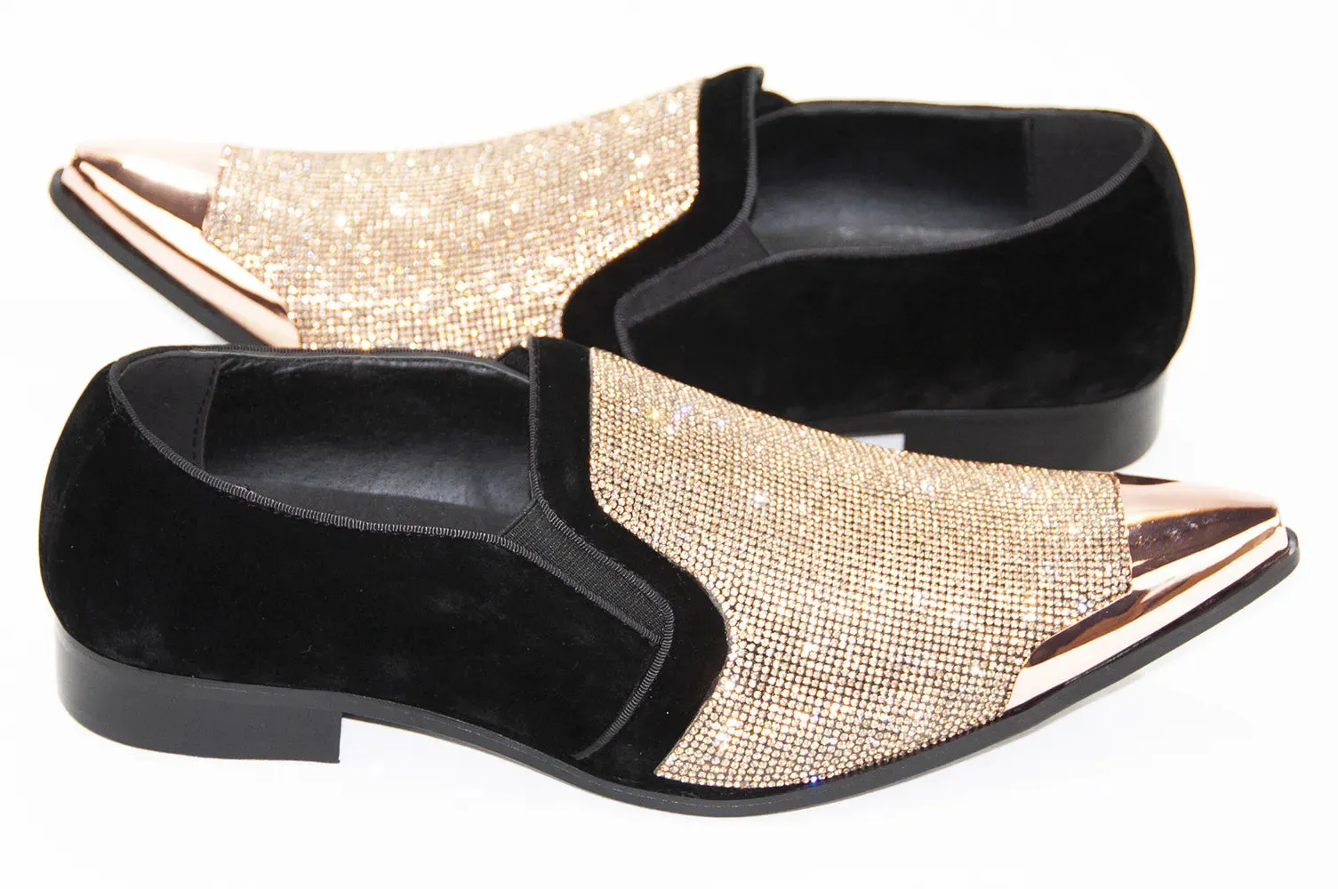 Black Velvet & Rose Gold Rhinestone Smoking Loafers With Metal Tip
