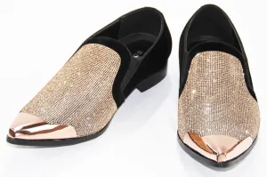 Black Velvet & Rose Gold Rhinestone Smoking Loafers With Metal Tip