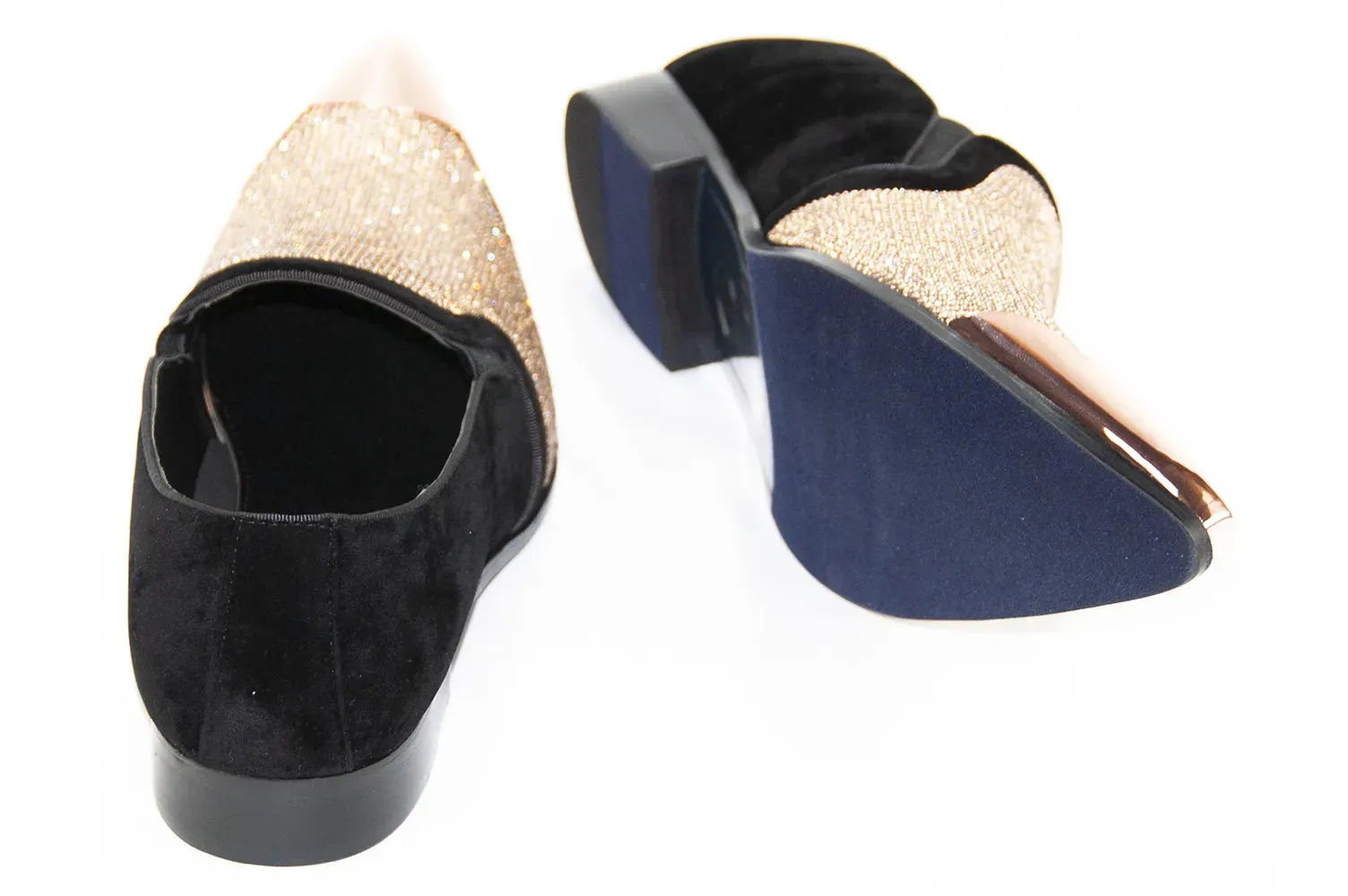 Black Velvet & Rose Gold Rhinestone Smoking Loafers With Metal Tip