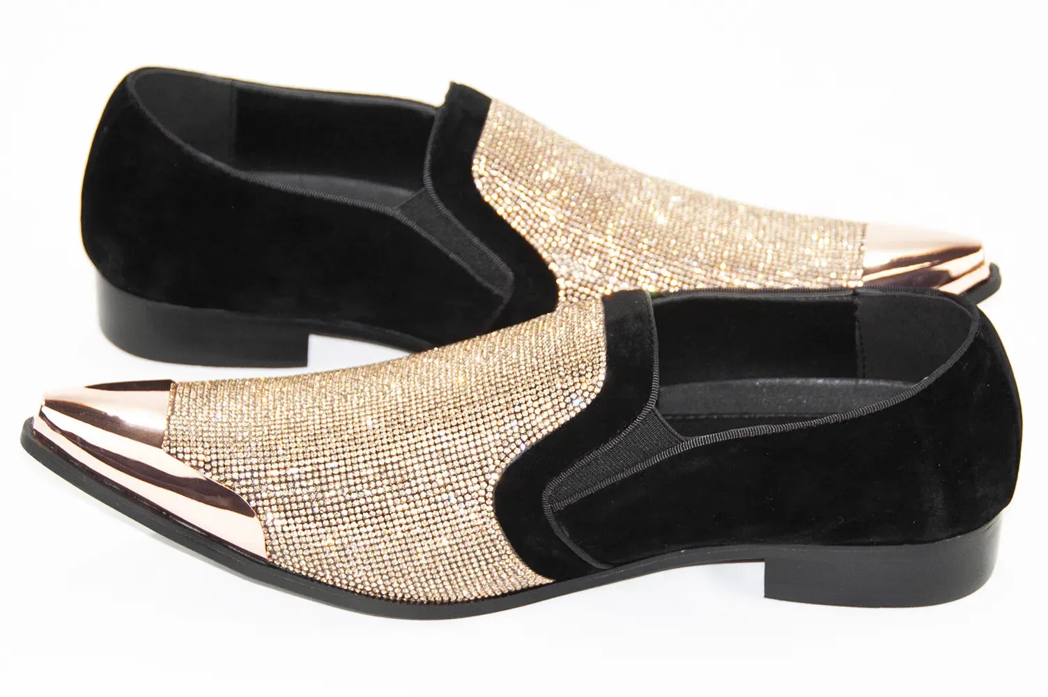 Black Velvet & Rose Gold Rhinestone Smoking Loafers With Metal Tip