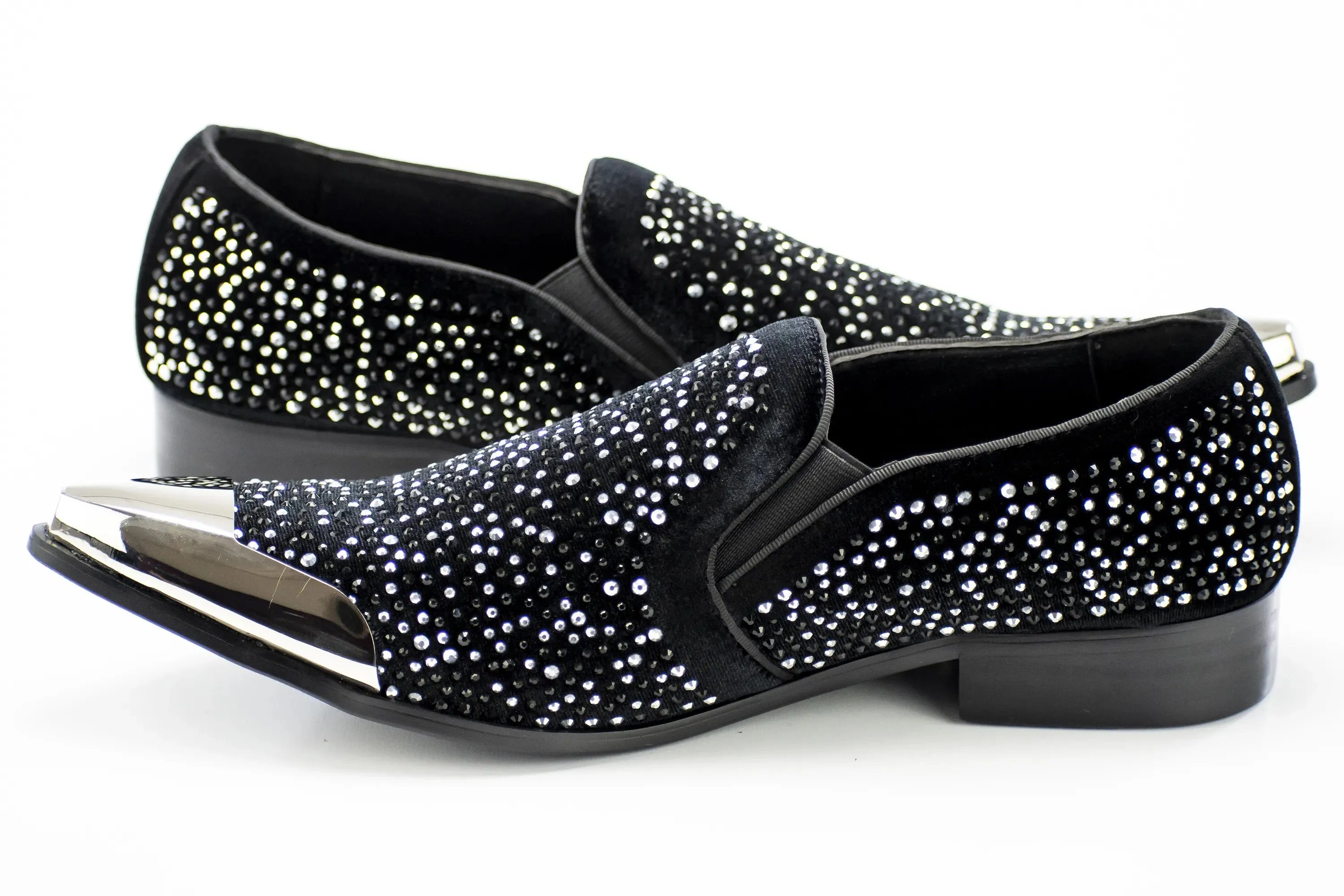 Black Velvet & Silver Jeweled Smoking Loafers With Metal Tip