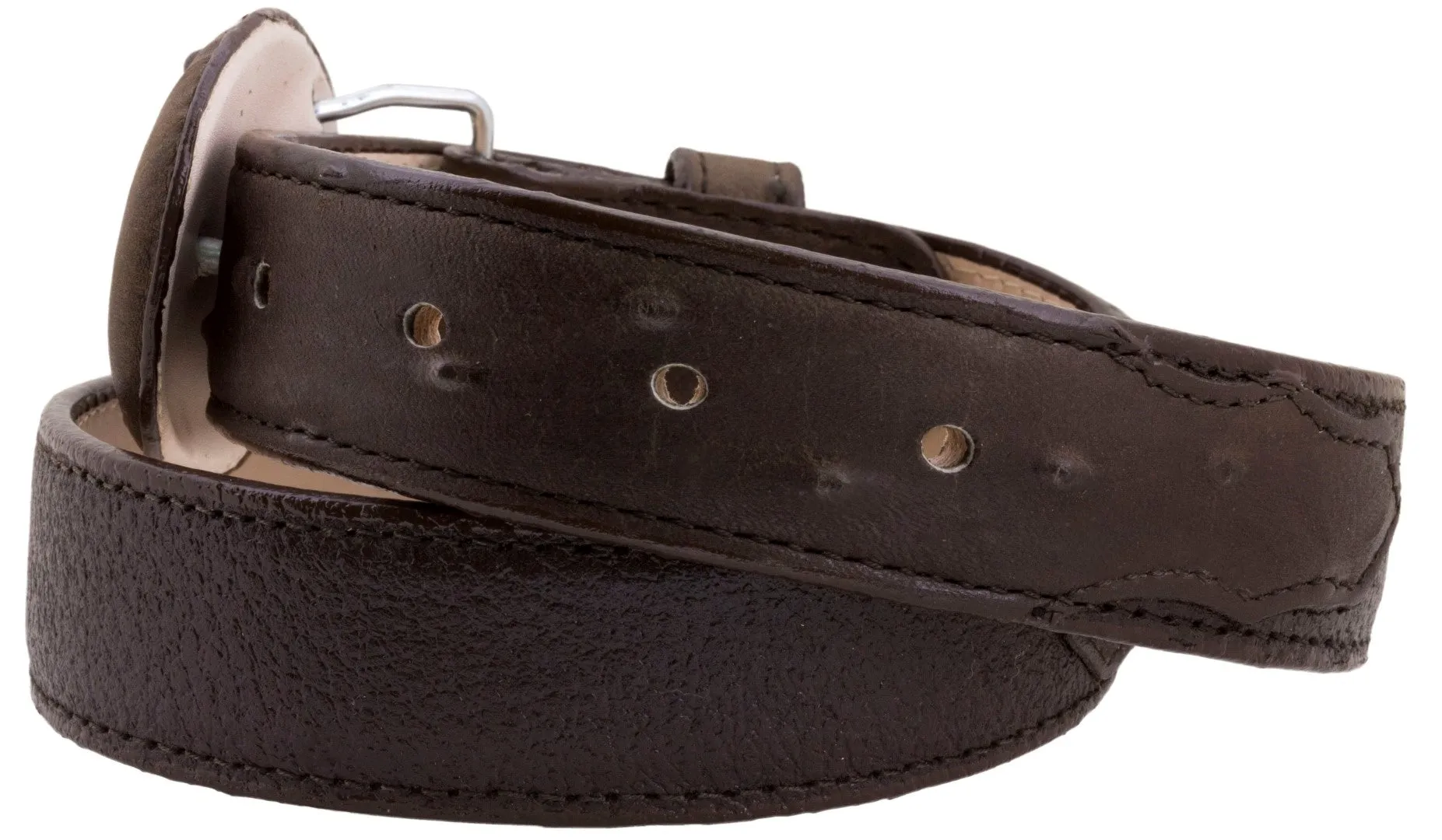Brown Western Cowboy Belt Ostrich Quill Print Overlay Leather - Rodeo Buckle