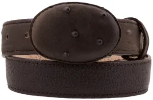 Brown Western Cowboy Belt Ostrich Quill Print Overlay Leather - Rodeo Buckle