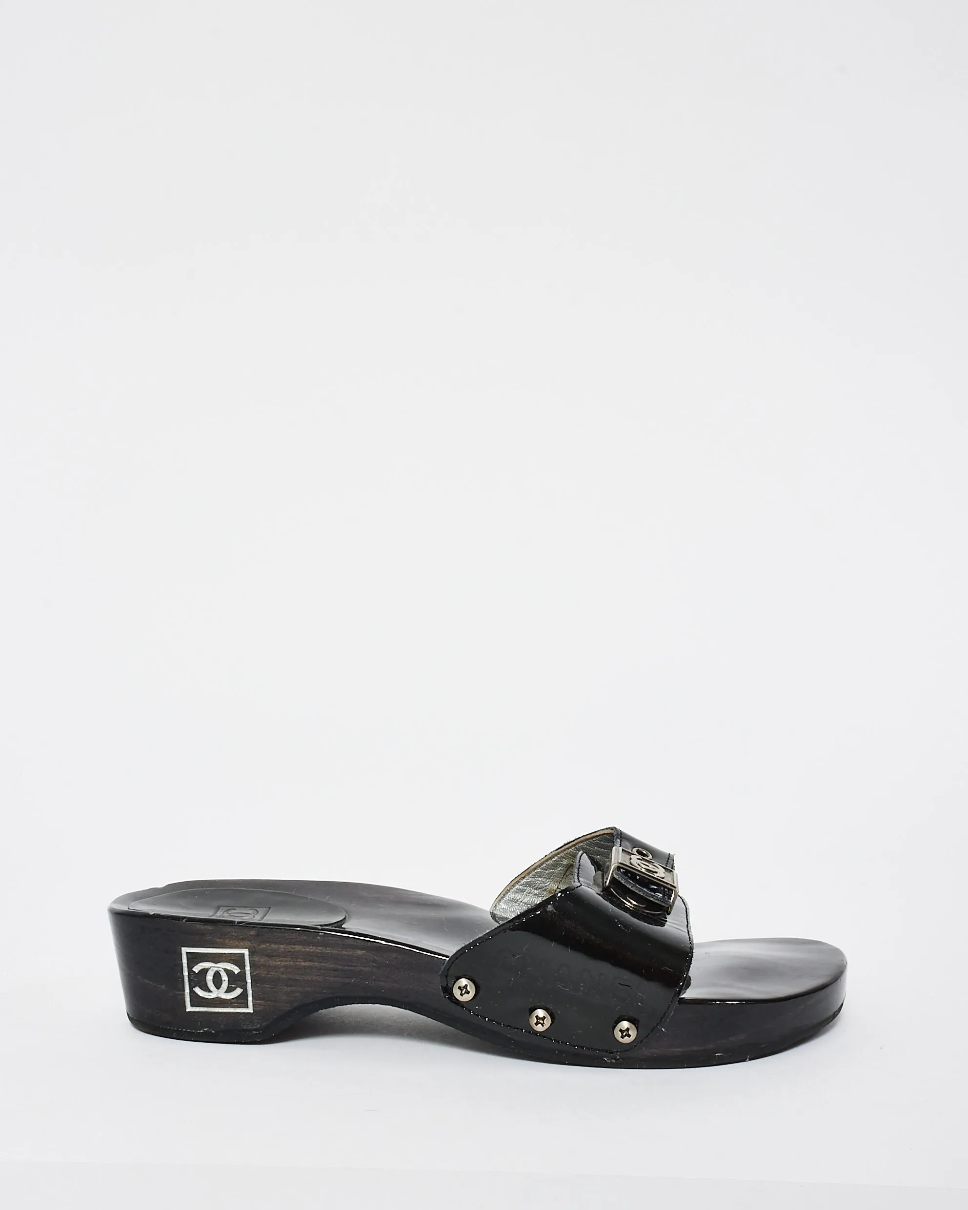 Chanel Black PVC 2004 Interlocking CC Logo Block Heel Sandals - 37
