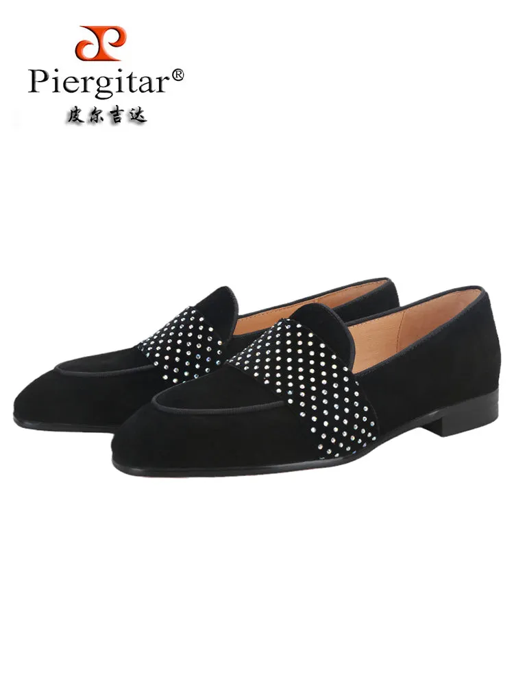 Exported to Europe and the United States Guangzhou OEM men's loafers nubuck leather spliced velvet rhinestone horizontal strap small square toe trendy shoes