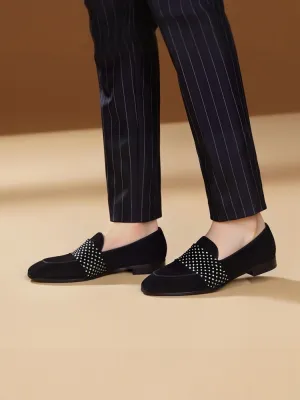 Exported to Europe and the United States Guangzhou OEM men's loafers nubuck leather spliced velvet rhinestone horizontal strap small square toe trendy shoes