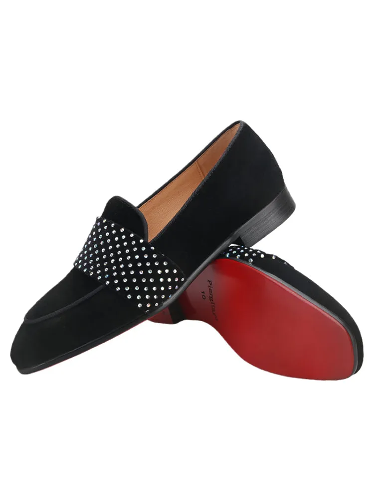 Exported to Europe and the United States Guangzhou OEM men's loafers nubuck leather spliced velvet rhinestone horizontal strap small square toe trendy shoes