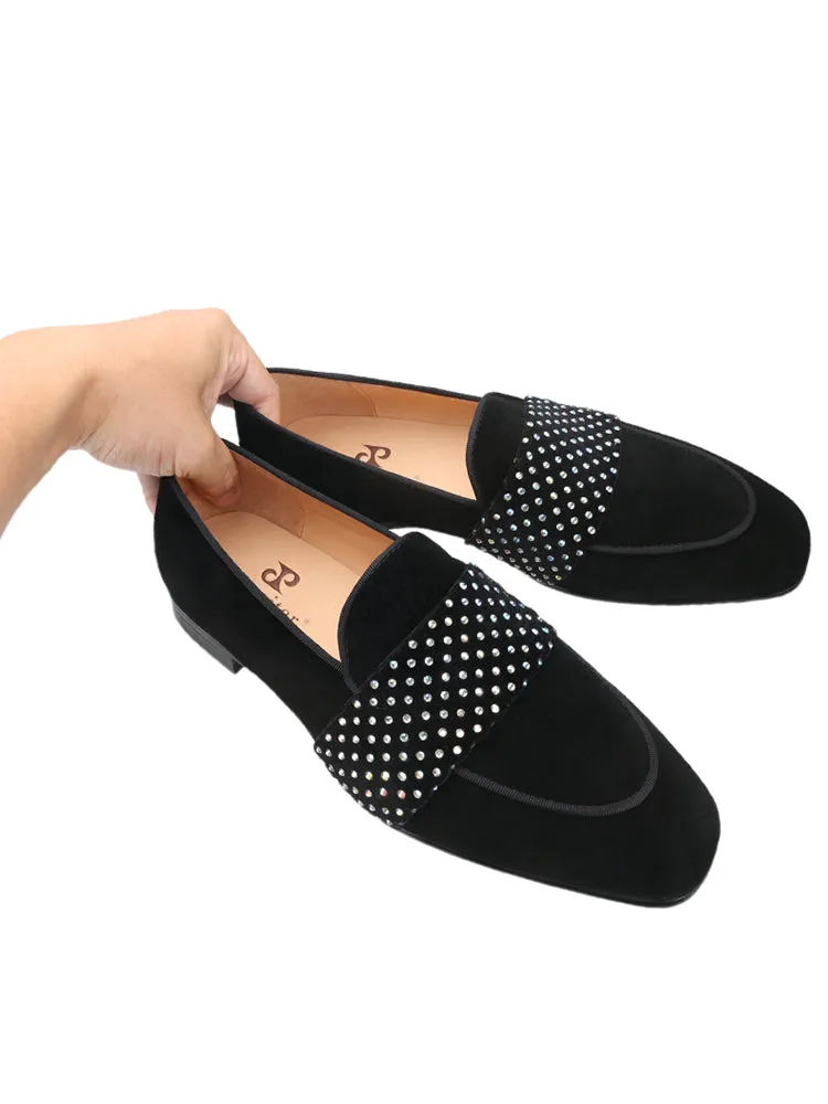 Exported to Europe and the United States Guangzhou OEM men's loafers nubuck leather spliced velvet rhinestone horizontal strap small square toe trendy shoes