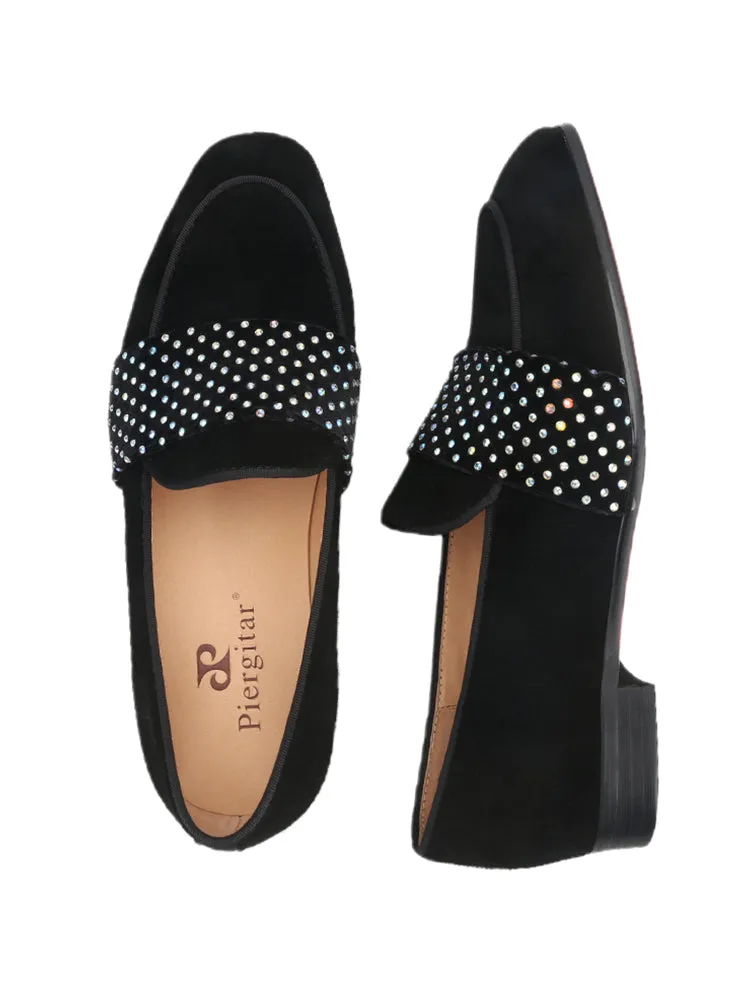 Exported to Europe and the United States Guangzhou OEM men's loafers nubuck leather spliced velvet rhinestone horizontal strap small square toe trendy shoes