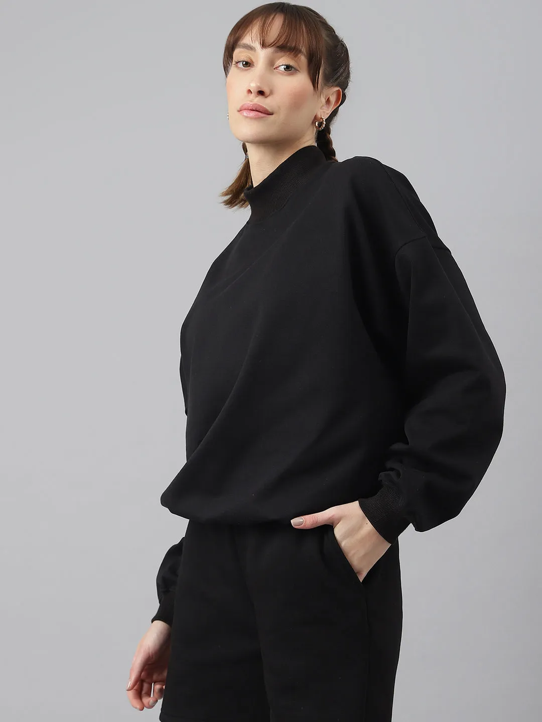 Fitkin Women Black Crew Neck Oversized Sweatshirt