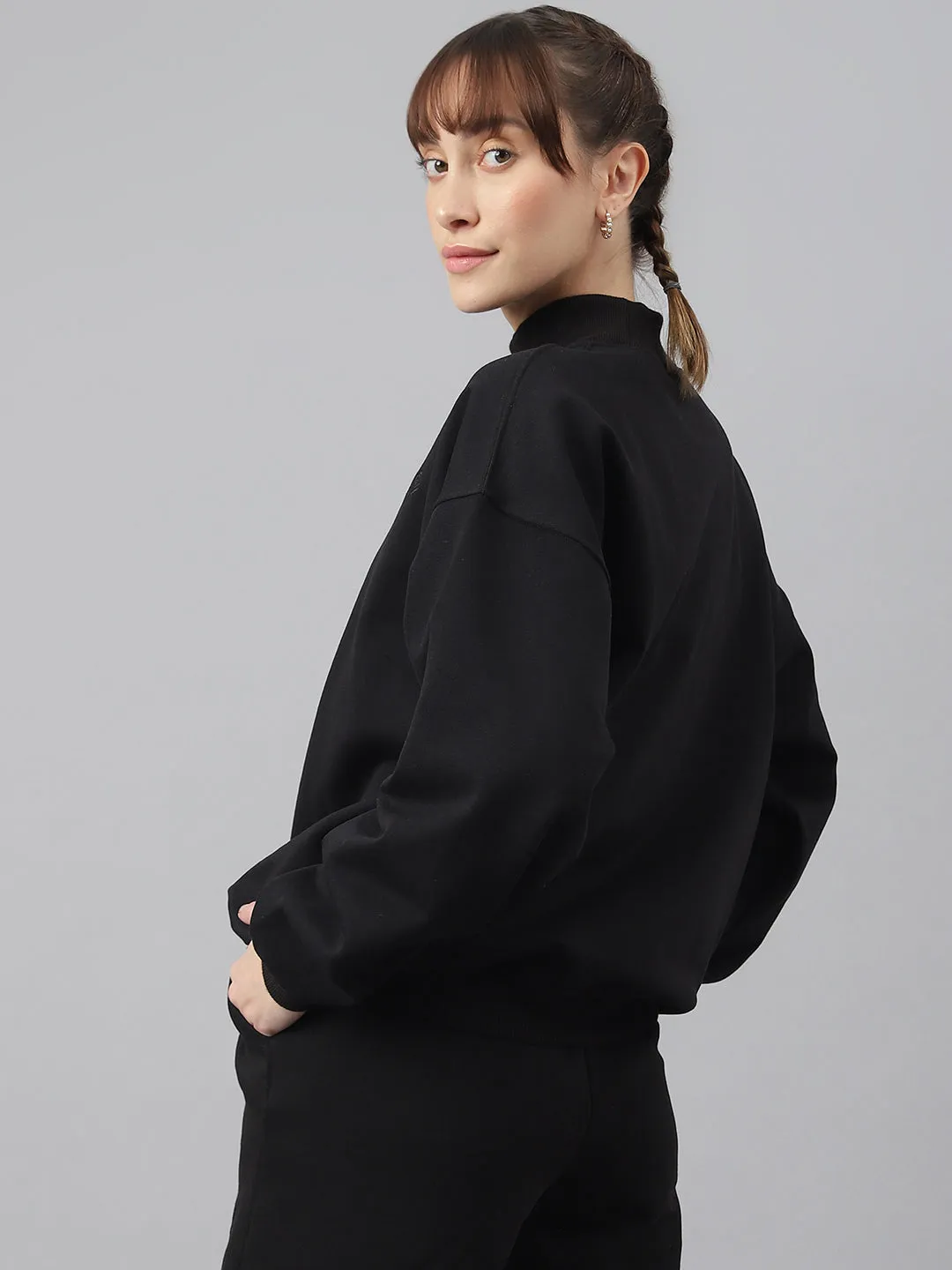 Fitkin Women Black Crew Neck Oversized Sweatshirt