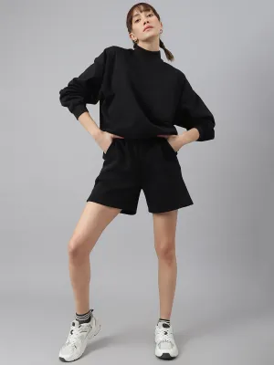 Fitkin Women Black Crew Neck Oversized Sweatshirt