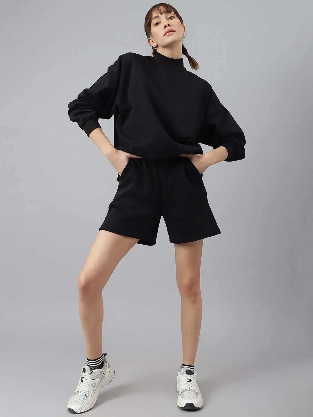 Fitkin Women Black Crew Neck Oversized Sweatshirt