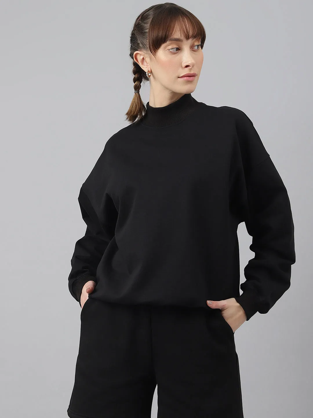 Fitkin Women Black Crew Neck Oversized Sweatshirt