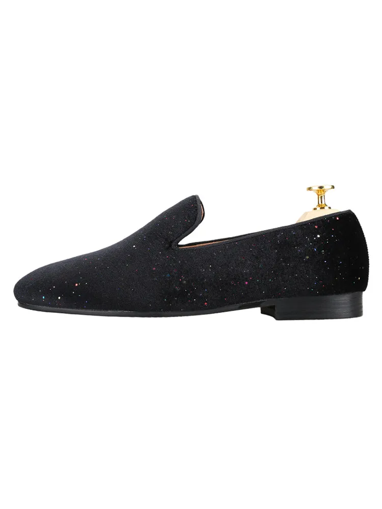 Flash diamond design black velvet men's loafers wedding party European and American style smoking shoes summer breathable leather lining