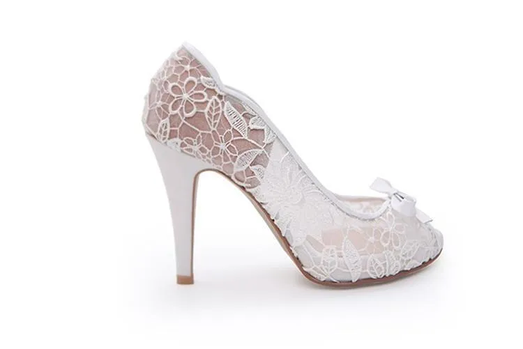 Ivory Lace High Heels Fish Toe Sexy Wedding Bridal Shoes With Tow, SY0119