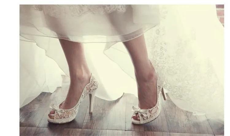 Ivory Lace High Heels Fish Toe Sexy Wedding Bridal Shoes With Tow, SY0119