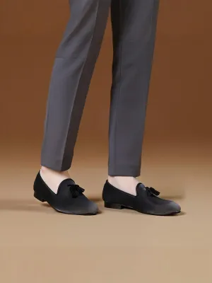 New style gray imported velvet black leather tassel European and American loafers trendy British low-top single shoes for men