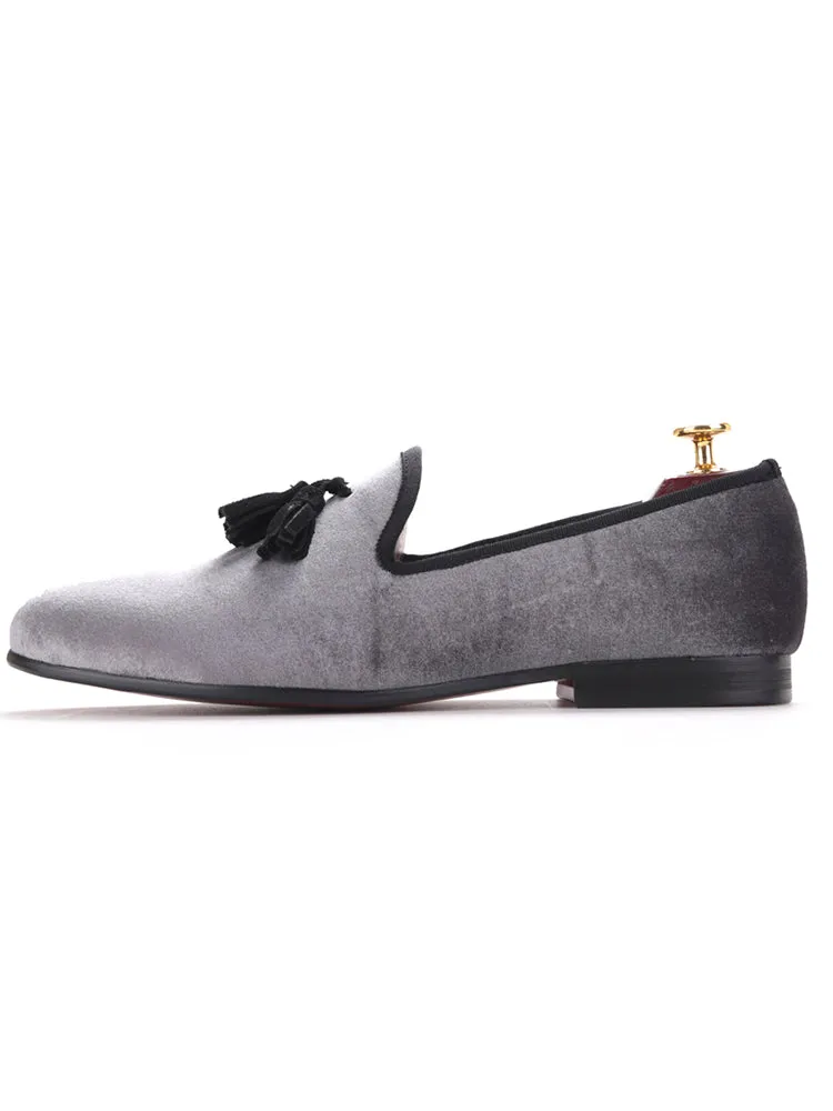New style gray imported velvet black leather tassel European and American loafers trendy British low-top single shoes for men
