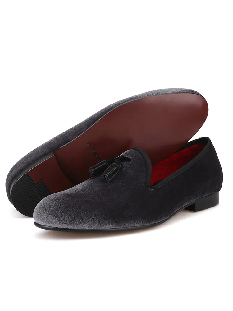 New style gray imported velvet black leather tassel European and American loafers trendy British low-top single shoes for men