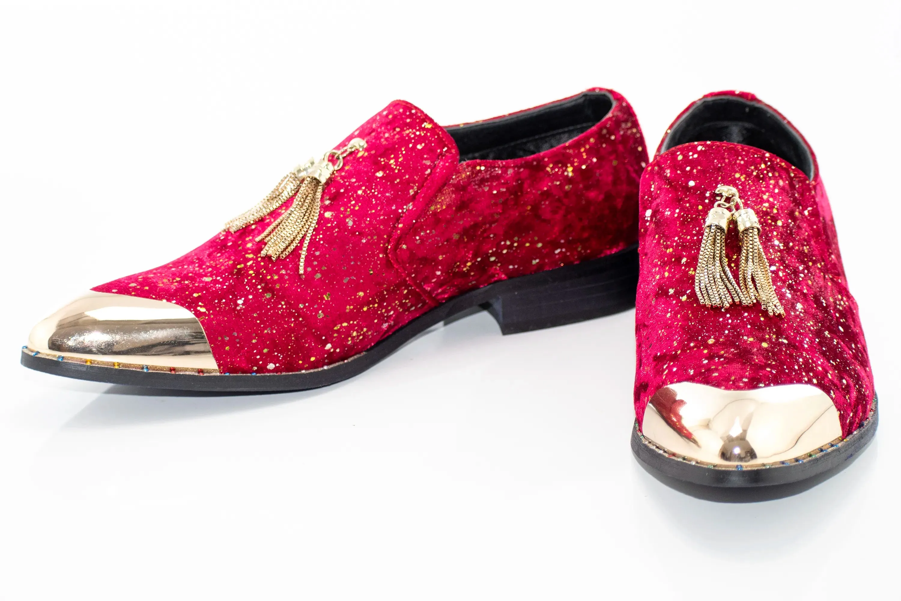 Red Velvet and Gold Flake Tasseled Smoking Loafer