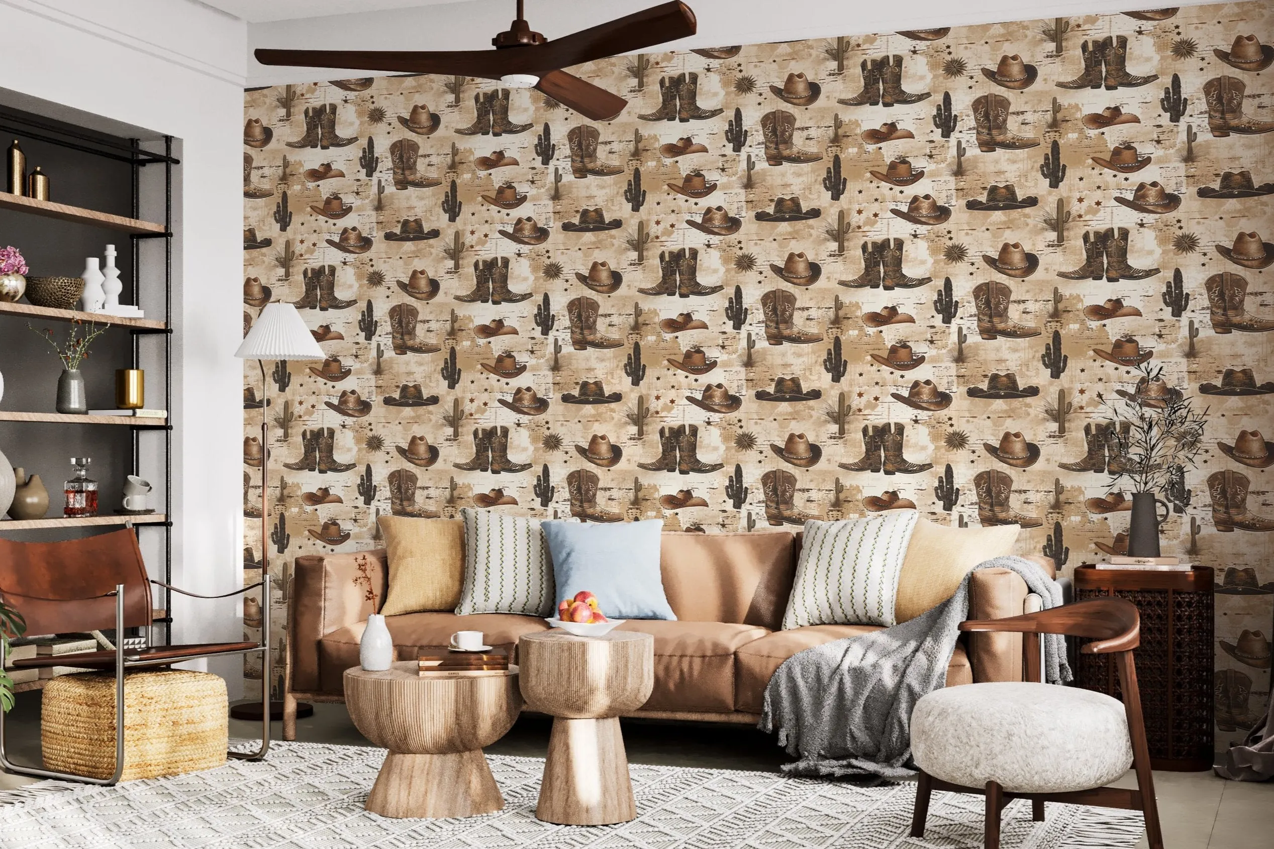 Rustic Cowboy Wallpaper – Removable Western Wallpaper with Hats, Boots & Cacti