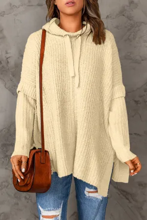 Waffle Knit Loose Slit Drawstring Hooded Sweater