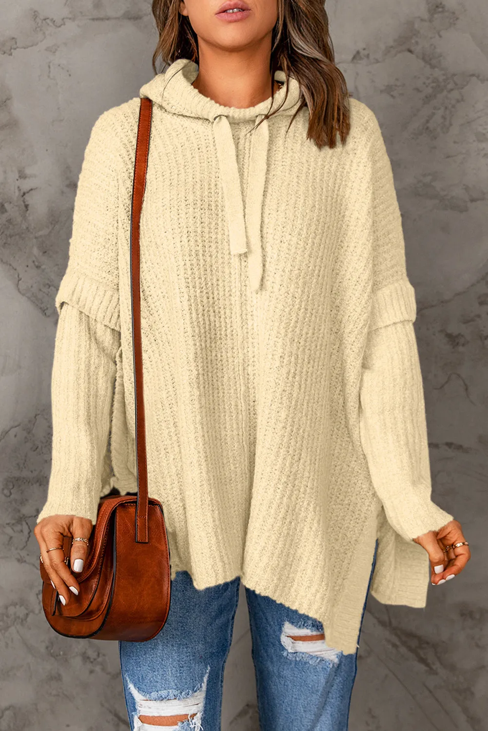 Waffle Knit Loose Slit Drawstring Hooded Sweater
