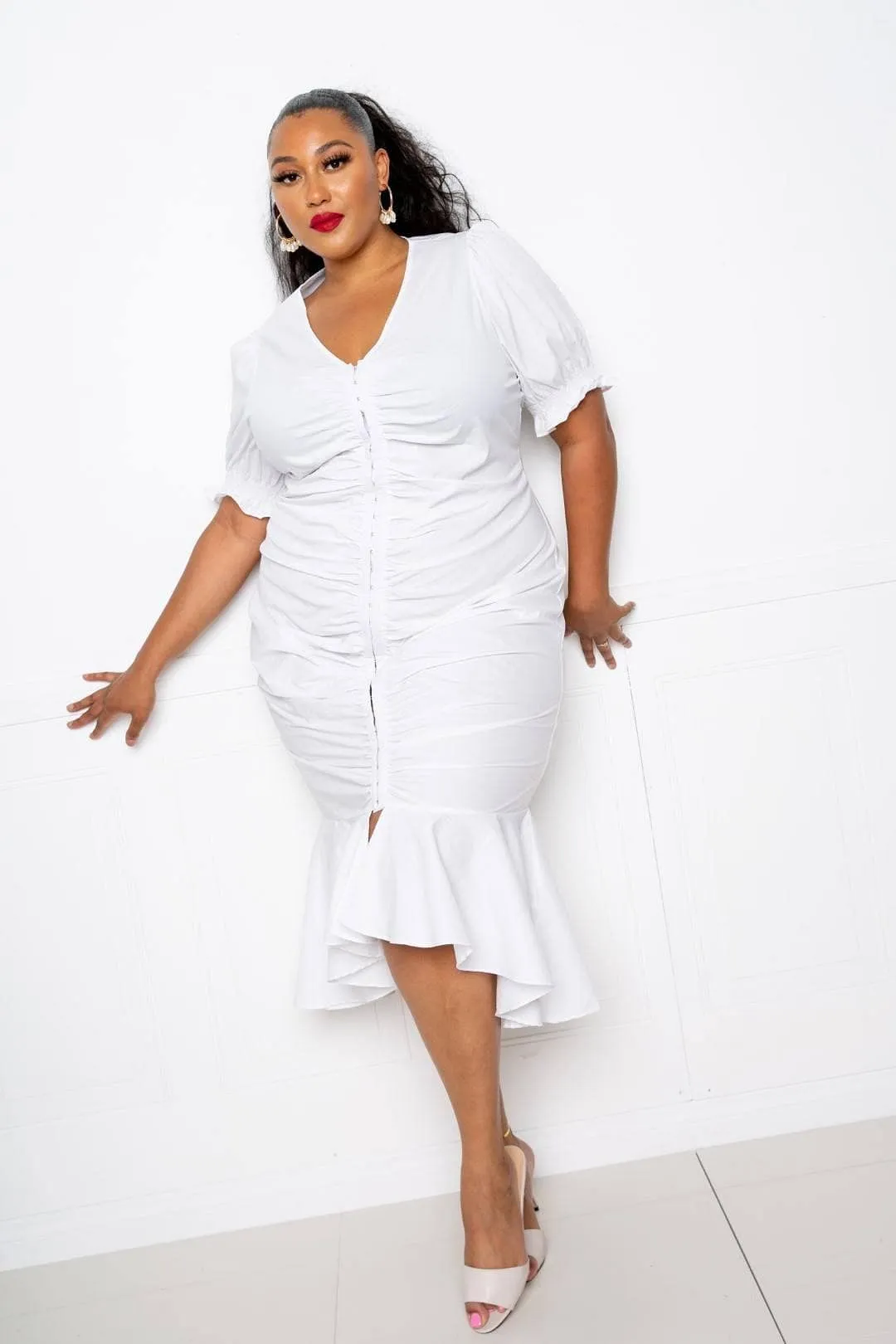 White 3/4 Sleeve Ruched Mermaid Dress