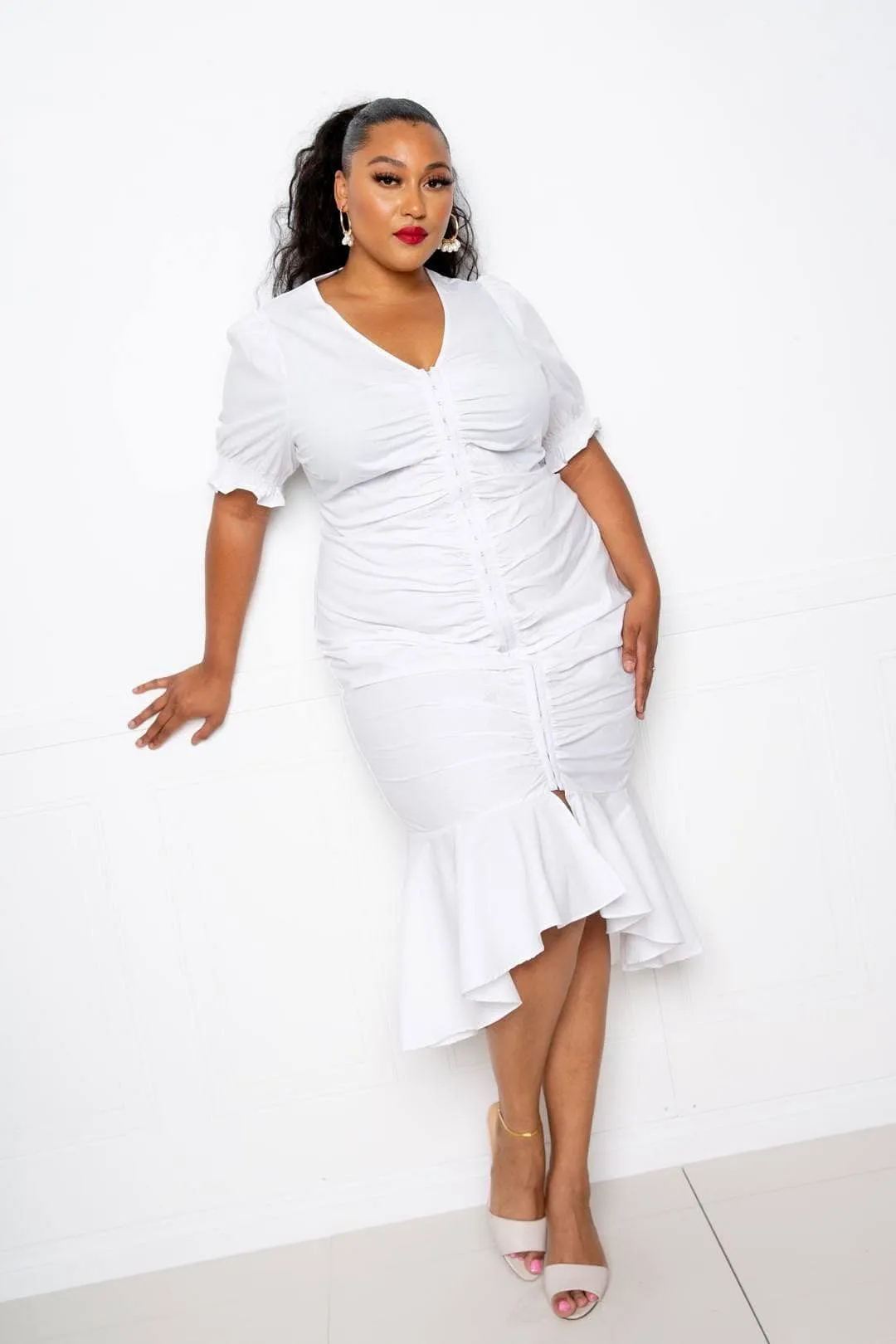 White 3/4 Sleeve Ruched Mermaid Dress