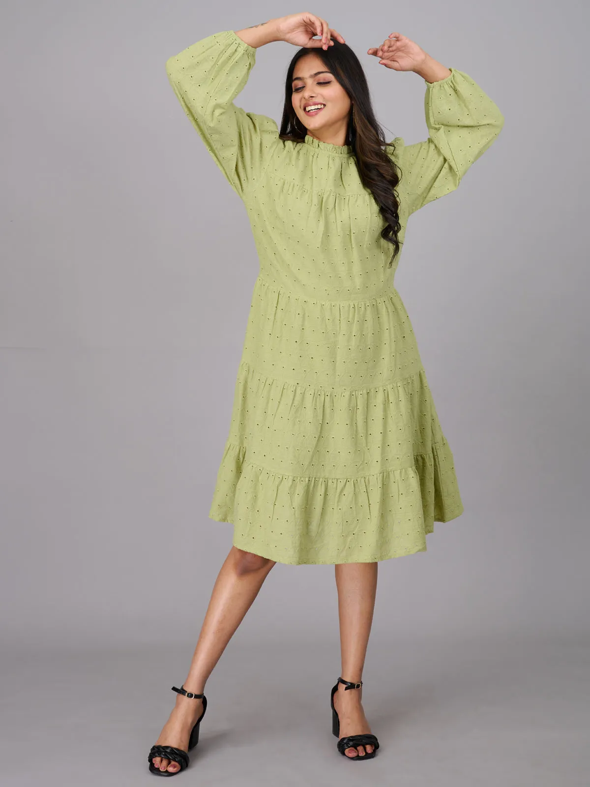 Women Green Knee Length Ethnic Dress (GBKU5241)