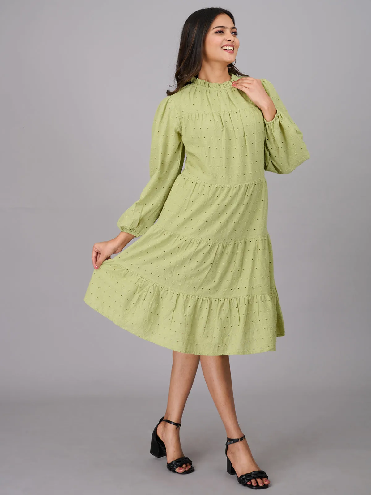 Women Green Knee Length Ethnic Dress (GBKU5241)
