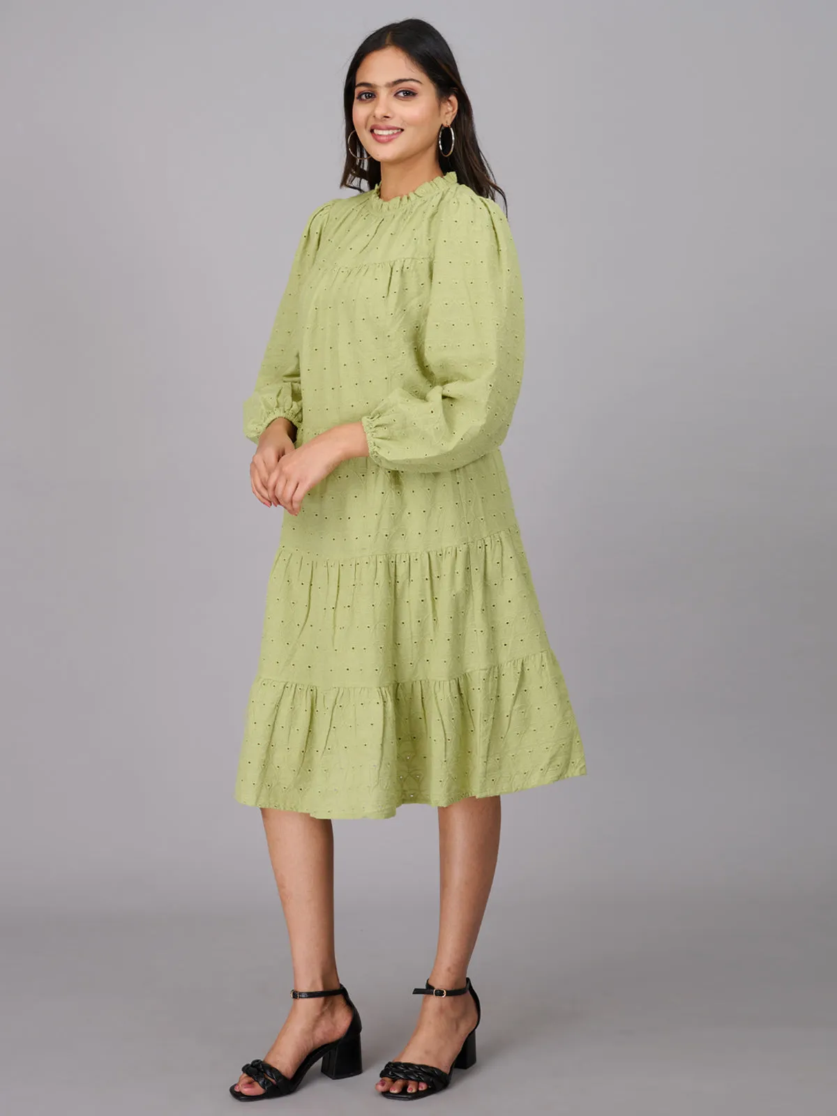 Women Green Knee Length Ethnic Dress (GBKU5241)