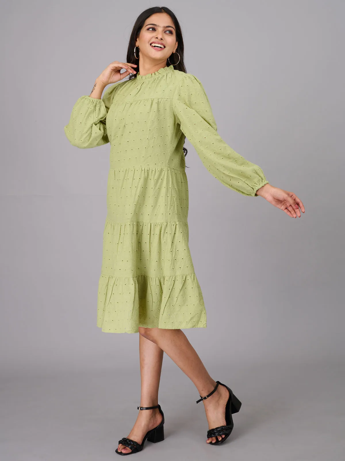 Women Green Knee Length Ethnic Dress (GBKU5241)