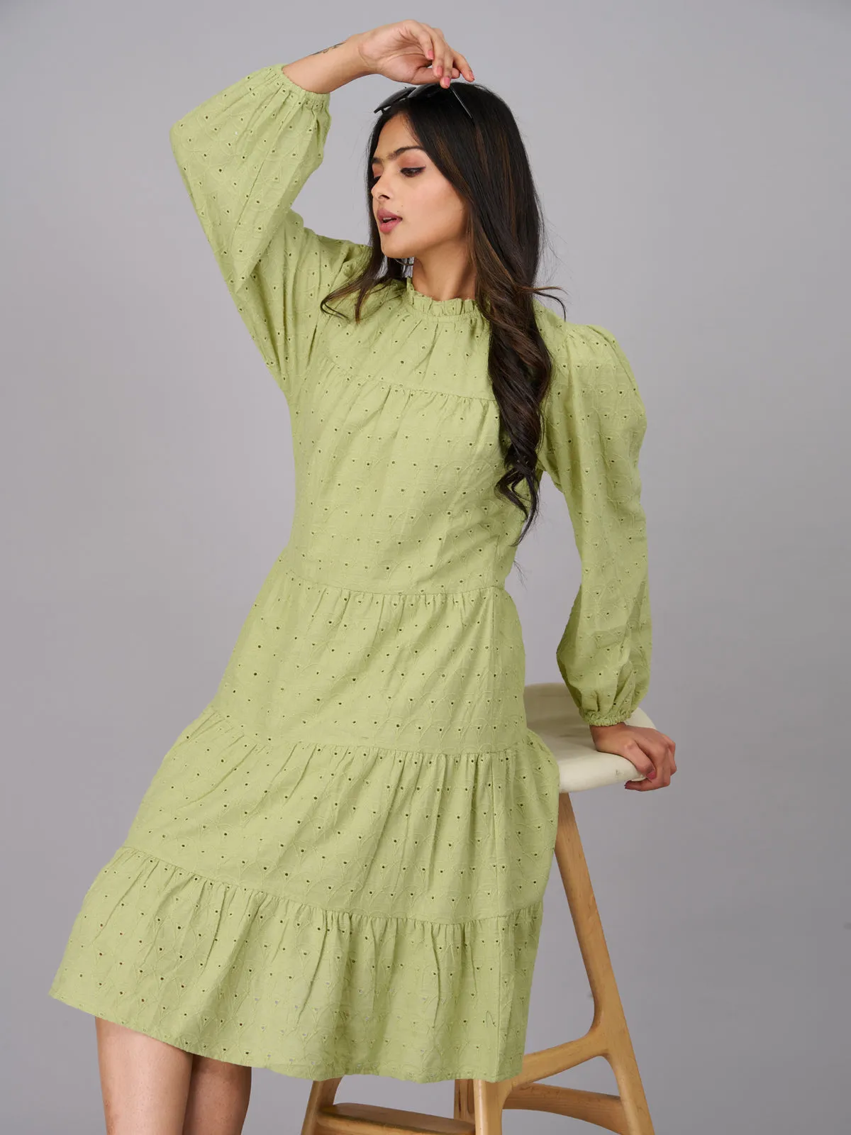 Women Green Knee Length Ethnic Dress (GBKU5241)