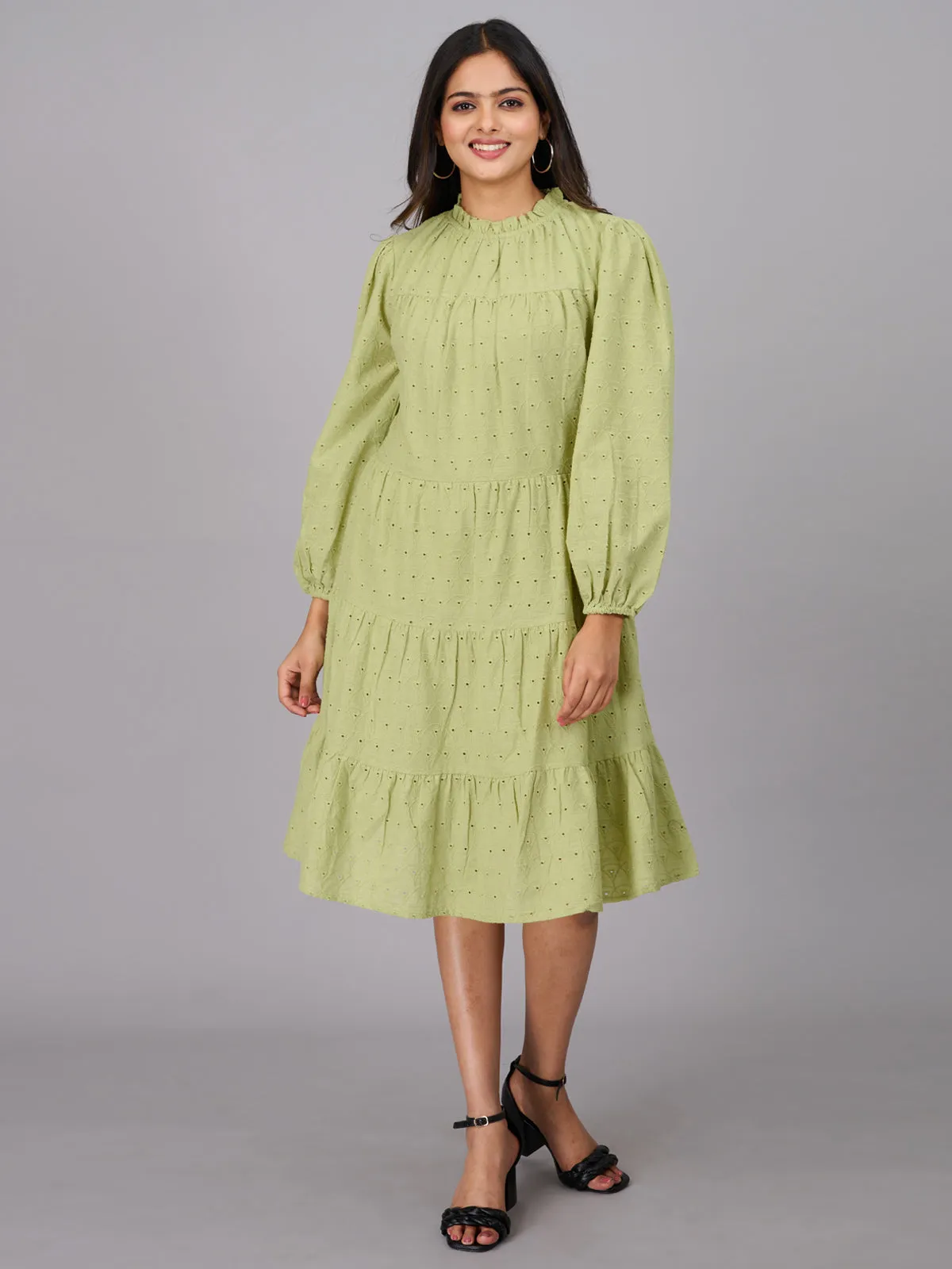 Women Green Knee Length Ethnic Dress (GBKU5241)